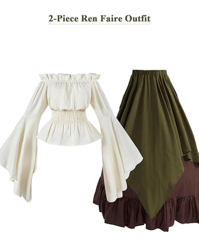 NSPSTT Renaissance Costume Women 2 Piece Medieval Dress Set Bell Sleeve Layered Peasant Outfit for Ren Faire thumbnail 5