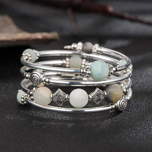 Beaded Pearl Bangle Wrap Bracelet - Fashion Bohemian Jewelry Multilayer Charm Bracelet with Thick Silver Metal Beads, Gift For Women thumbnail 5