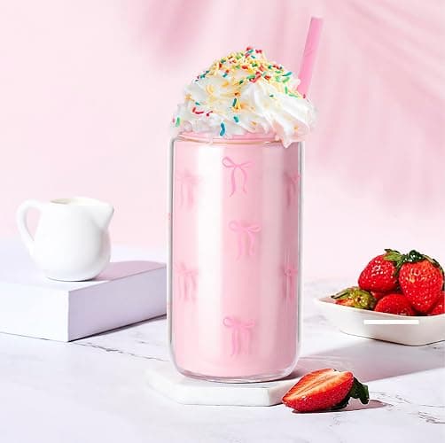 Cute Glass Cup with Lids and Straws,Cute Glass Cups Pink Bow Iced Coffee Cup,Drinking Jar Beer Cups,Gifts for Teen Girls Daughter, Sister, Mom, Classmates, Coworkers, Teachers 16 oz thumbnail 6