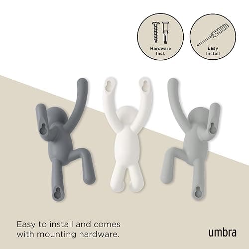 Umbra Buddy Wall Hooks – Decorative Wall Mounted Coat Hooks for Hanging Coats, Scarves, Bags, Purses, Backpacks, Towels and More, Set of 3, Grey thumbnail 6