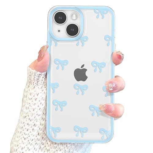 EYZUTAK Case for iPhone 15, Clear Cute Ribbon Bowknot Pattern Aesthetic Transparent Phone Case Raised Camera Protection Stylish Slim Soft Durable TPU Protective Cover for Women Girls - Blue - iPhone 15 - Blue thumbnail 8