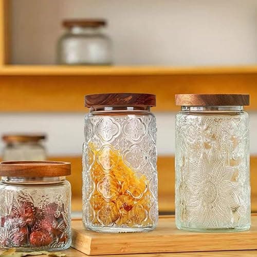 Livejun Vintage Glass Coffee Food Storage Jars with Acacia Lids Airtight Storage Coffee Containers Design Canisters set Kitchen Wide Mouth Glass Jars for Cookies,Tea,Sugar 1000ml (33.8OZ) Set of 3 thumbnail 9