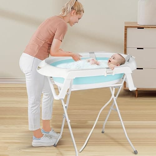 Baignoire pour bébé avec support, pliable, avec support antidérapant, insert de bain pour nouveau-né,66 * 61 * 82cm- Vert thumbnail 7