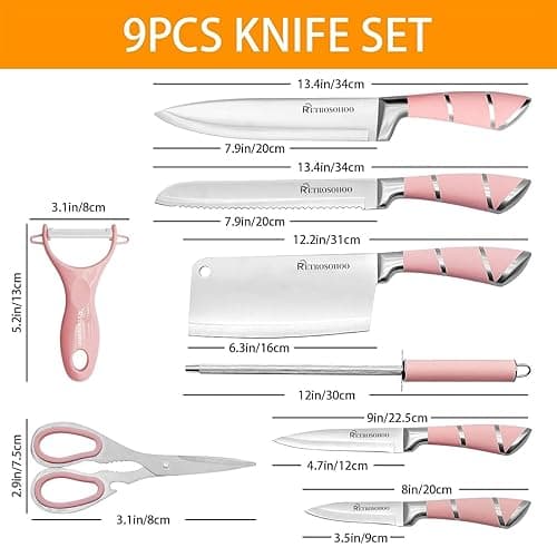 Kitchen Knife Set, Retrosohoo 9-Pieces Pink Sharp Non-Stick Coated Chef Knives Block Set,Stainless Steel Knife Set for Kitchen with Sharpener for Cutting Slicing Dicing Chopping (Pink) thumbnail 4