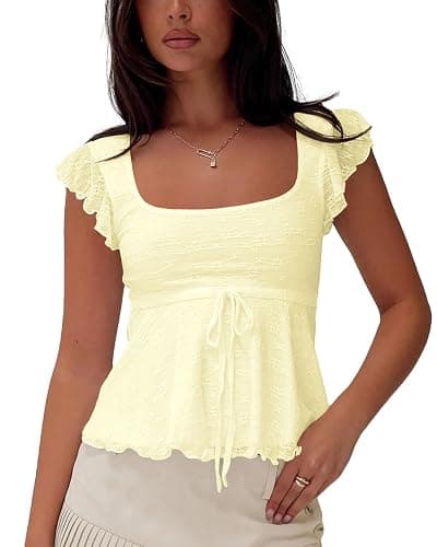 BAIGRAM Women Floral Flowy Babydoll Peplum Tops Y2K Cap Sleeve Ruffle Tank Square Neck Lace Up Layered Crop Shirt Going Out - Image 1