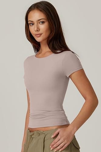 QINSEN Women's Crew Neck Short Sleeve Tees Double Lined Slim Fit T Shirt Basic Y2K Tops thumbnail 4