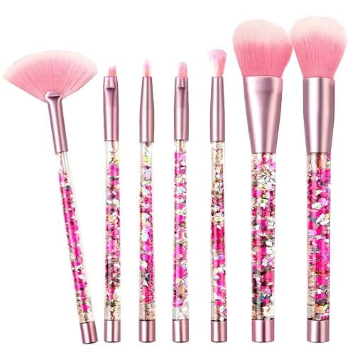 RAEEIKPHZ Sparkle Pink Makeup Brushes Set,Unicorn Glitter 7pc Foundation Blush Lip Nose Eyeshadow Eyebrow Loose Powder Fan Make Up Brushes Kit with Liquid for Kids Girls Teen Women Gift Present thumbnail 9