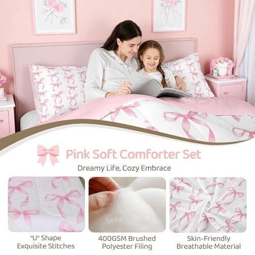 Erosebridal Cute Pink Bow Twin Bedding Set for Girls,Ribbon Bow Knot Comforter Set for Kids Kawaii Room Decor,Princess Bowknot Bed Set Girly Pink Bows Bedding Comforter Sets,1 Pillowcase thumbnail 5