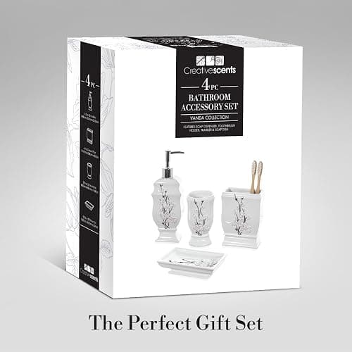 Creative Scents Vanda Bathroom Set - Cherry Blossom White Bathroom Accessories Set - 4 Piece Floral Bathroom Soap Dispenser Set Includes: Lotion Dispenser, Toothbrush Holder, Tumbler & Soap Dish thumbnail 5
