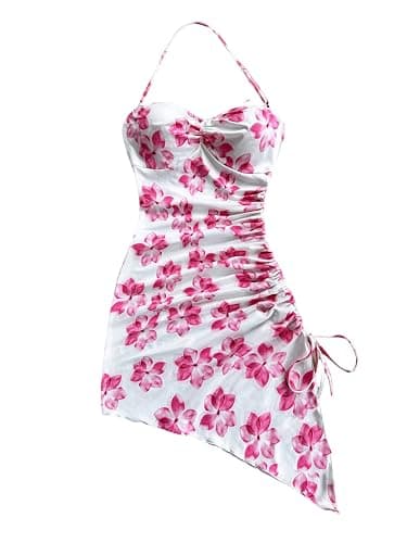 BEAUDRM Girl's Floral Halter Dress Side Drawstring Sleeveless Asymmetrical Fitted Short Dresses - Image 1