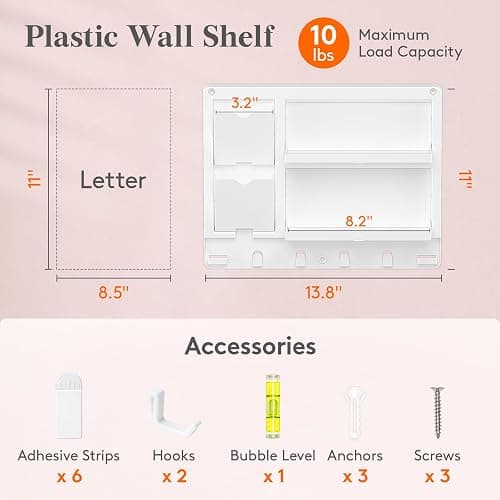 Lifewit Plastic Adhesive Bedside Shelf, Floating Pegboard Shelves, Key Remote Control Holder, Wall Organizer for Glasses, Phone, Earbuds, Bedroom Decor, Dorm Room Essentials, White thumbnail 2