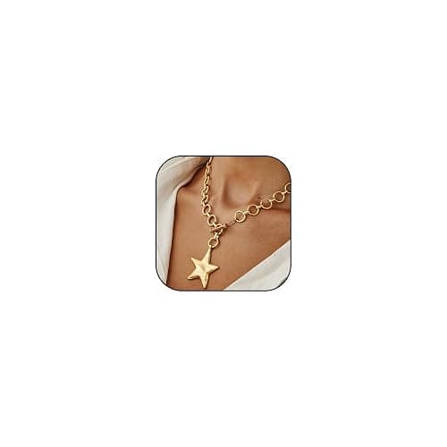 JAVARNV Star Necklace Chunky Gold Statement Necklaces Punk Star Pendant Gold Chain Necklaces for Women Trendy Christmas Jewelry for Dress Sweaters Shirts Stocking Stuffers Gifts for Women thumbnail 9