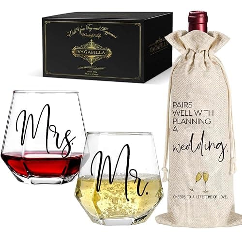 Vagafilla Mr Mrs Stemless Wine Glasses Gift Set 15oz, Couples Gifts for Bridal Shower Engagement Anniversary Wedding Shower Valentine's Day Birthday Christmas, 1 Pack Reusable Burlap Wine Bag-38 - Image 1