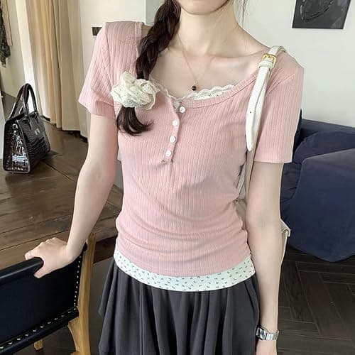 Women Lace Trim Y2K Cute Tshirt Coquette Floral Summer Ribbed Knit Crop Top Fairycore Baby Tees Cottagecore 90s Shirt thumbnail 2