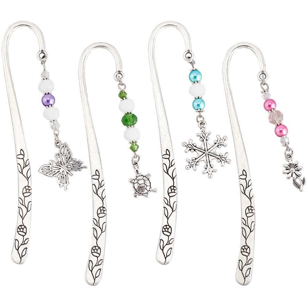 OLYCRAFT 4 Pcs Hook Alloy Bookmarks Glass Beaded Bookmarks Antique Silver Metal Bookmarks Vintage Bookmarks with Butterfly/Flower/Tortoise/Snowflake Pendant for Book Lovers - About 6.5 inch - Image 1