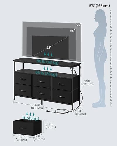 SONGMICS BELLAH Collection - Dresser for Bedroom, Chest of Drawers, TV Stand for TVs Up to 55 Inches, Living Room, Closet, 6 Drawers and 1 Shelf, Modern, Ink Black ULGS833BH02S thumbnail 3