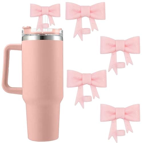 Hpebl 4Pcs Pink Bow Straw Toppers Covers Glitter Stanley Cup Accessories | Dust-Proof Silicone Bow Straw Covers Toppers for Stanley Cups 40/30oz, Shiny Pink Reusable Straws Caps Tips for Tumbler - Image 1
