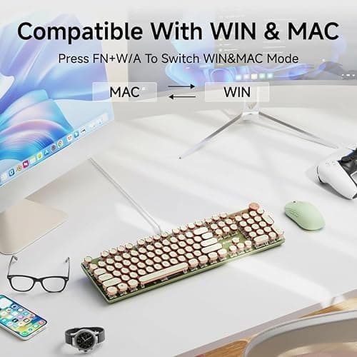 EWEADN Typewriter Style Mechanical Keyboard, Wired Typewriter Keyboards,104 Keys Backlit LED Metal Keyboards, Media Control Knob, Wired Computer Keyboard Pink Switch for Windows/Mac/PC-Green thumbnail 6