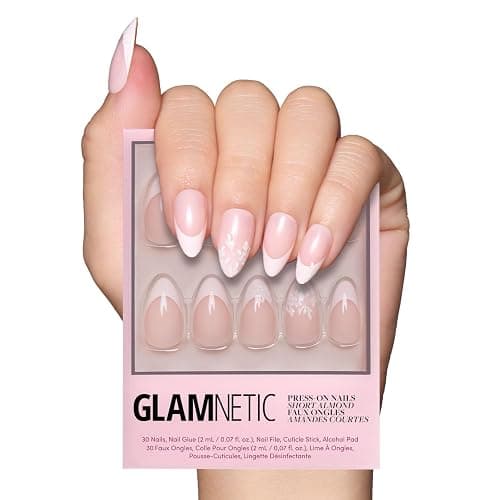 Glamnetic Press On Nails - All Time Love | Short Almond Nails with French Tips and Leaf Accents, Reusable Stick On Fake Nails | Love In Bloom Spring Nails | 15 Sizes - 30 Nail Kit with Glue - Image 1