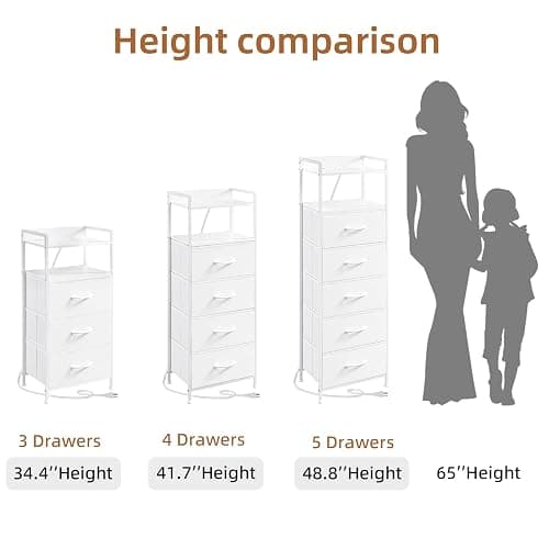 Somdot White Nightstand with Charging Station and LED Light for Bedroom, Tall 3 Drawers Dresser with Fabric Bins for Bedside Kids Dorm Room Closet Laundry Entryway, White Leather - White Leather - 11"D x 15.8"W x 33.5"H (3 Drawers) thumbnail 9