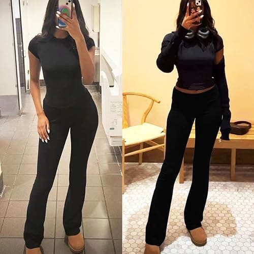 ZFLM Casual Workout Two Piece Outfits for Women Short Sleeve Crop High Waist Foldover Flare Pants Tracksuit Sets Streetwear thumbnail 6