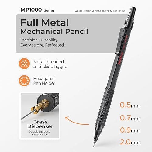 Nicpro 45PCS Black & Silver Metal Mechanical Pencil Set in Leather Case, Art Drafting Pencil 0.5, 0.7, 0.9 mm, 2mm Lead Holders for Sketching Drawing With 27 Tube (6B 4B 2B HB 2H 4H Colors)Lead Refill thumbnail 5