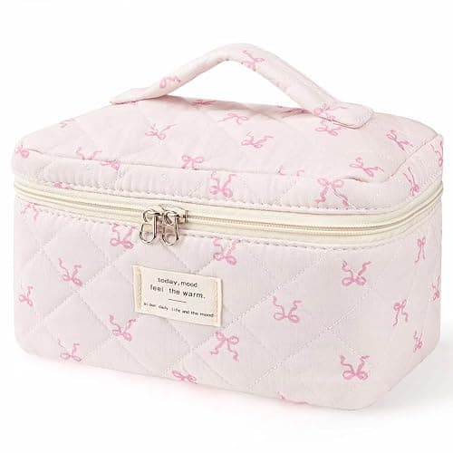MZLUWM Large Travel Quilted Makeup Bag,Cute Bow Cotton cosmetic bag, Fashionable aesthetic makeup bag,Coquette Aesthetic Floral Travel Toiletry Bag for Women and Girls - Image 1