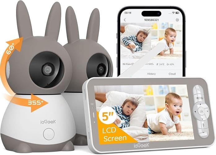 ieGeek 2K WiFi Baby Monitor with Two Cameras, Phone App & 5" Split-Screen Control, Smart Video Camera, Night Vision, Automatic Tracking, PTZ, Crying Detection, Temperature/Humidity Sensor, Baby Gift - Image 1