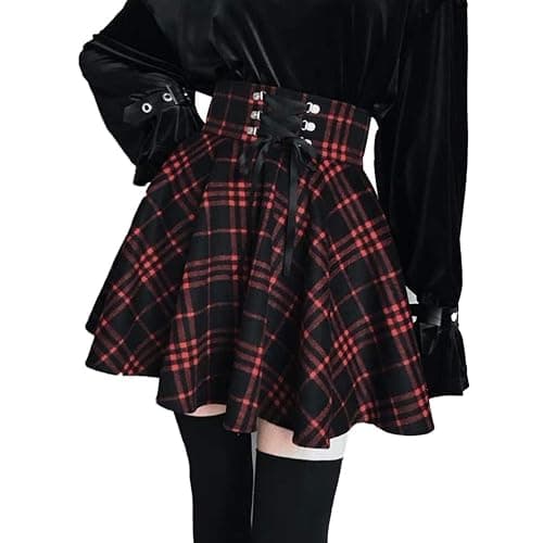 Lunoakvo Women's High Waisted Short A-line Flare Gothic Mini Black Red Plaid Pleated Skirt Dress - Image 1