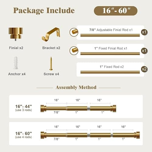 Oneach Heavy Duty Curtain Rods for Windows 28 to 48 Inch, 1 Inch Brass Gold Curtain Rod, Adjustable Length Rod with Metal Finials, Modern Decorative for Bedroom Kitchen Living Room (16 to 60 Inch) thumbnail 6