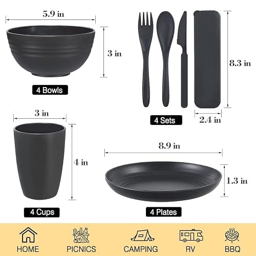 Wheat Straw Dinnerware Sets, Wheat Straw Plates and Bowls Sets for 4 Kitchen Dishes 28pcs College Dorm Room Essentials Cutlery Set Microwave Safe (Black) thumbnail 3