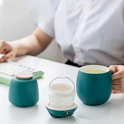 DUANMUL Cat Mug Cute Ceramic Coffee Cup with Infuser and Lid,Filter for Steeping Loose Leaf,kawaii coaster,Novelty Morning Cup Tea Milk Christmas Mug Chinese Handmade Porcelain Teacup(Green） thumbnail 7