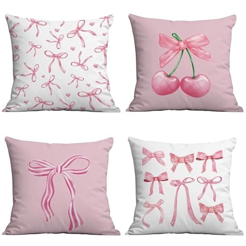 4 Packs Plush Fabric Cushion Covers, 45x45cm Pink Pillowcase for Home Decor Double-Sided Printing Watercolor Room Decor for Teen Girls Cute Coquette Pillow Covers for Living Room Decoration (B) - Image 1