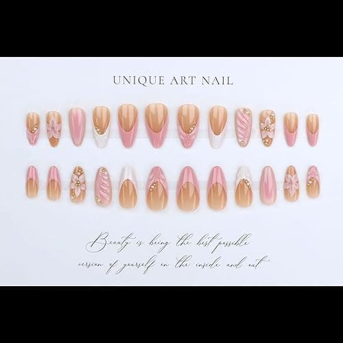LPOODDNU 3D Pink Press on Nails Almond - Medium French Tip Fake Nails with Embossed Flower&Gold Bead Designs, Glossy Finish Reusable False Nails with Glue Tabs - 24Pcs Nail Kit for Women Manicure thumbnail 4
