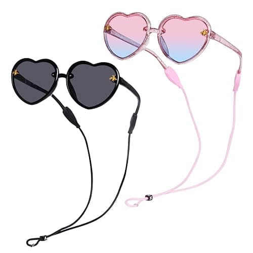 obmwang 2 PCS Kids Heart Shaped Sunglasses Cute Bee Glasses with Strap for Girls Boys Age 3-10 UV400 Protection Outdoor Beach - Pink/Gradient Blue, Black/Gray - 55 Millimeters thumbnail 5