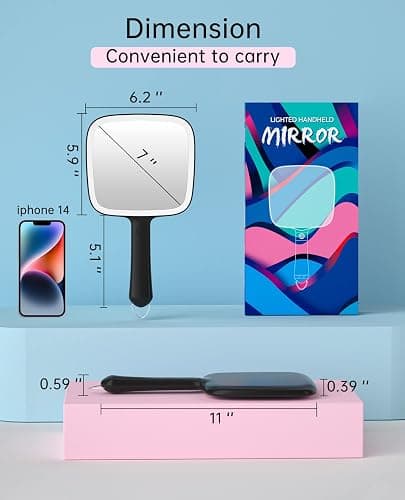 Famihomii Hand Mirror with 3 Light Color & Dimmable, Lighted Handheld Mirror, Lightweight & Durable, Portable & Hangable for Makeup Application, Hair Styling, Shaving, Battery Operated thumbnail 2