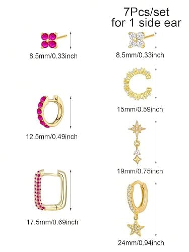 Gold Earring Set, 6Pcs 14K Gold Plated Colorful Stack Cubic Zirconia Pink Heart Dainty Statement Elegant Earrings Copper Nickel Free Hypoallergenic Non Tarnish Jewelry Gift For Women thumbnail 8