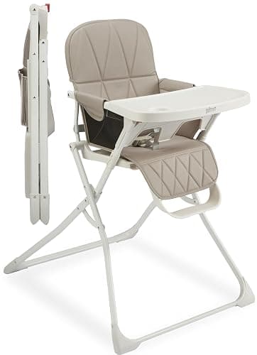 Primo PopUp Folding High Chair for Baby Age 6 to 36 Months - Taupe Folding Beach Style High Chair with Removable Dishwasher Safe Tray, 3pt Safety Harness, Leatherette Seat - Space Saving Design - Image 1