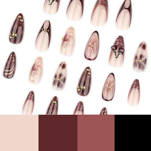Cherry Press on Nails Almond Medium Fake Nails 3D Brown Flower False Nail Designs Leopard Print French Tip Artificial Nails Full Cover Handmade Acrylic Stick on Nail for Women 24 Pcs thumbnail 4