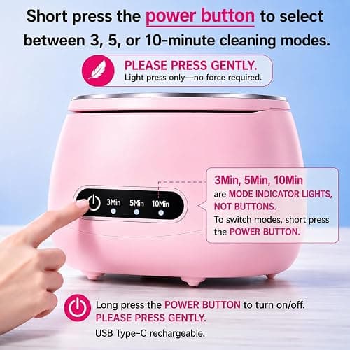 Nail Tools Cleaner, Rechargeable Nail Tool Cleaning and Sterilizer Machine with High-Frequency Vibration and Blue Light 3 Timers Mode for Nail Drill Bits with Cleaning Tablets, Nail Art Brush (Pink) thumbnail 5