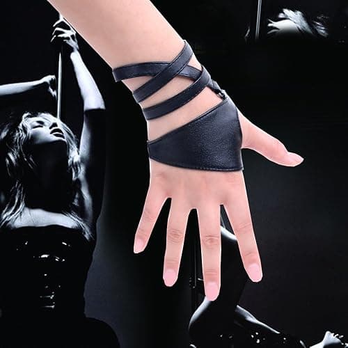 JISEN Women Half Palm Fingerless PU Leather Night Bar Band Up Punk Gloves thumbnail 3