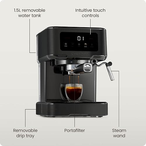 Chefman CraftBrew Espresso Machine, 15-Bar Pump Digital Espresso Maker w/Steam Wand for Latte & Cappuccino, Compact Espresso Coffee Machine w/ 1.5L Removable Water Reservoir - Stainless Black thumbnail 6