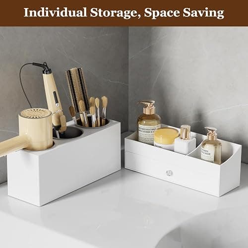 GFWARE Acrylic Hair Dryer Holder with Drawer, Bathroom Organizer Countertop Drawers with 3 Stainless Cups, Makeup Vanity Accessories, Hair Hot Tools Organizer, Toiletry, White thumbnail 6