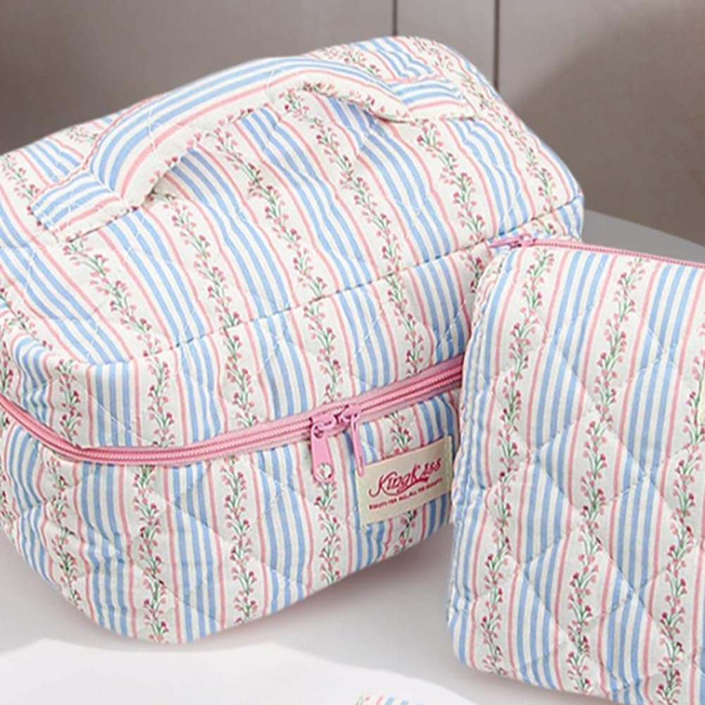Quilted Makeup Bag Set for Girls Women - 3Pcs Cute Floral Cotton Makeup Bag, Large Aesthetic Floral Cosmetic Bags Coquette Flower Travel Toiletry Organizer for Daily thumbnail 6