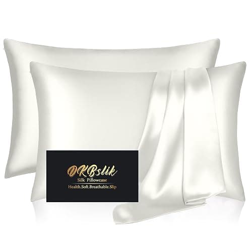 Silk Pillow Cases 2 Pack, Mulberry Silk Pillowcases Standard Set of 2, Health, Smooth, Anti Acne, Beauty Sleep, Both Sides Natural Silk Satin Pillow Cases for Women 2 Pack with Zipper for Gift, Ivory - Image 1