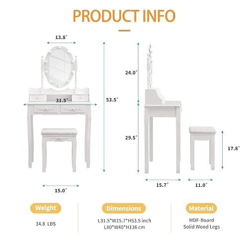 Alohappy Girls Makeup Vanity Set, Dressing Table Desk with Lighted Mirror and Stool, Makeup Table with 4 Drawers for Bedroom, Bathroom (Vanity with Lighted Mirror) thumbnail 3