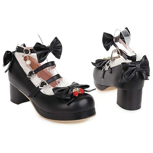 Parisuit Womens Mary Jane Chunky Heel Platform Pumps Bowtie Heart Strap Lace Kawaii Maid Shoes - 11.5 - Black thumbnail 2
