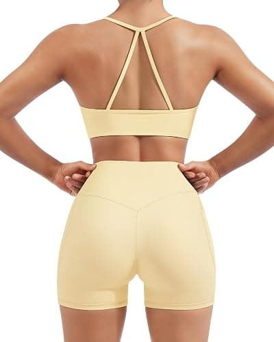 SUUKSESS Women 2 Piece Workout Sets Padded Halter Sports Bras High Waisted Biker Shorts with Pockets thumbnail 2