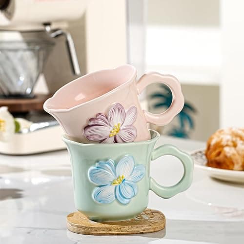 LGQ Cute Floral Coffee Mug Set of 4-12oz Ceramic Flower Embossed Cups with Petal Handles, Dishwasher and Microwave Safe thumbnail 6