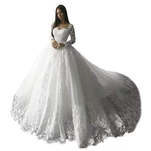 XYAYE Long Sleeve Wedding Dresses for Bride Lace Applique Modest Wedding Gowns with Train Bridal Dresses for Women - 10 - White - Image 1